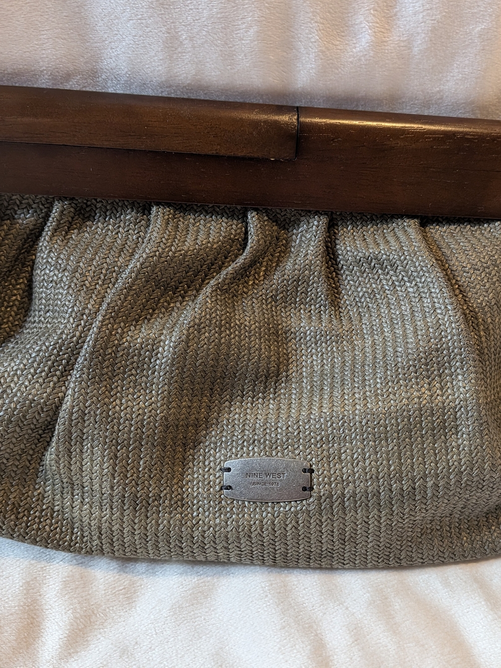 Nine West Woven Straw Pouch Clutch with Wood Closure Frame